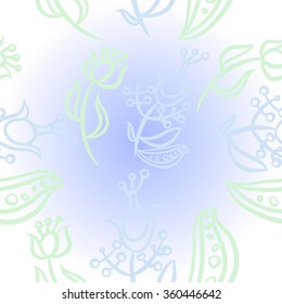 Pattern, doodles,ellipses, floral, branches, leaves, stamens. Hand drawn.