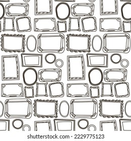 A pattern of doodle-style frames. Black outline on a white background. Suitable for printing on paper and textiles. Repeating frames. Gift wrapping. Stylish print.