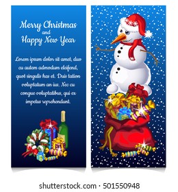 The pattern of double vertical Christmas card with snowman and sample text. Vector illustration.
