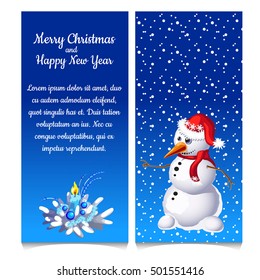 The pattern of double vertical Christmas card with snowman and sample text. Vector illustration.
