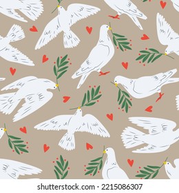 Pattern of dove of peace, pigeons. Flying, standing birds with plant olive branch. Peace and love, freedom, no war, innocence, human purity. Hand drawn modern vector illustration for wallpaper, poster