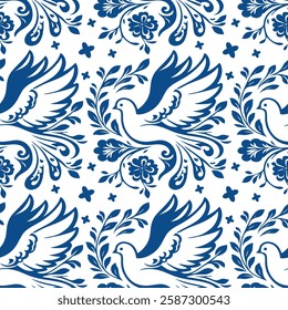 Pattern of doves, flowers and leaves. Elegant and symbolic design representing peace, nature and harmony. Isolated on white background. Vector