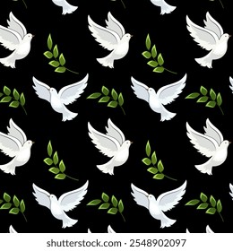 Pattern with doves on a black background. Vector seamless pattern with doves and green branches on a black background.