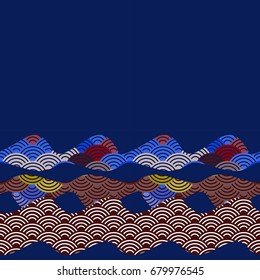 pattern dragon fish scales simple Nature background with japanese wave circle pattern dark brown burgundy maroon green blue background. card banner design with space for text. Vector illustration