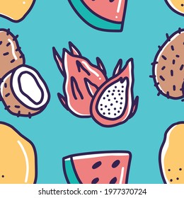pattern of dragon fruit around various fruits doodle with icons and design elements