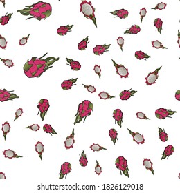 A pattern of dragon fruit with a white core: whole and halves