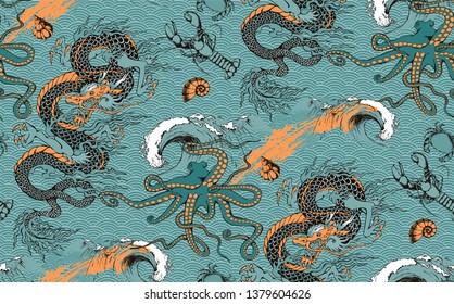 Pattern of dragon, octopus and sea voyages. Vector illustration. Suitable for fabric, wrapping paper and the like