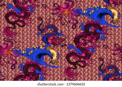 Pattern of dragon, octopus and sea voyages. Vector illustration. Suitable for fabric, wrapping paper and the like