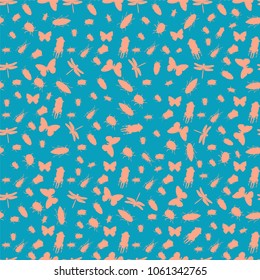 Pattern with dragonflies, bugs, and butterflies. Seamless repeatable texture