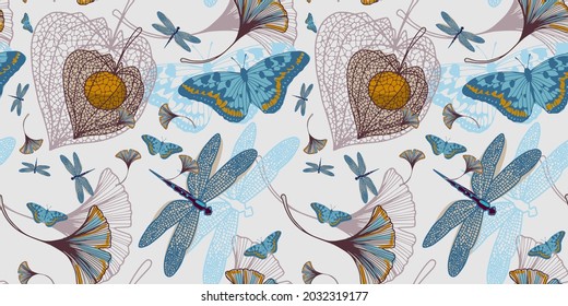 A pattern of dragonfly, butterfly, ginkgo biloba and physalis in soothing colors. Set of autumn social media stories. Colorful banners with autumn illustrations. Autumn stickers. Bright postcards.