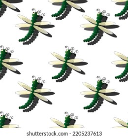 Pattern of dragonfly with shadow on white background. Beautiful green dragonfly with soft wings like illustration for children book.  Print for wallpaper for baby room.