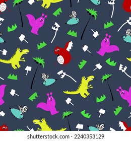 Patrón con dragones y dinosaurios. Animales divertidos de dibujos animados