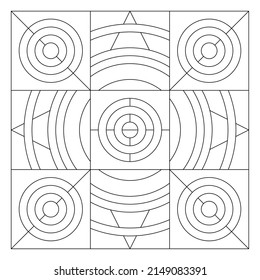 Pattern drawing composed of 3x3 square tiles with 3 variations of circle motifs. Coloring Page for Adults. Digital detox. Anti stress. EPS8 #526