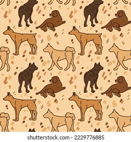 Pattern Drawing with different dogs in different poses. Graphic drawings of dogs with brown lines and spots, dots, strokes. Suitable for printing on paper and textiles. Gift wrapping, clothing