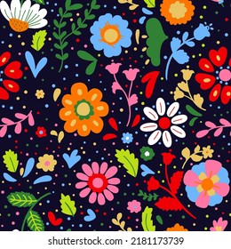 Pattern drawing of flowers and leaves and stems with seamless patterns, vector illustration, colorful circles of various sizes as a background.
