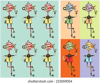 pattern, drawing of a funny fantastic robotic bird with a lollipop head/bird funky/digital vector