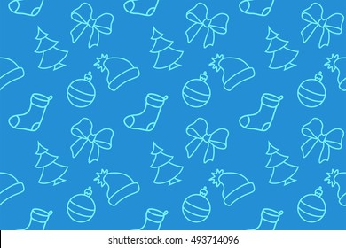 Pattern, Drawing for gift wrapping paper for the holiday, New year, sock, hat, Santa Claus ,bowknot, Christmas tree, Christmas toys, blue
