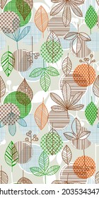 Pattern drawing of leaf shapes with smooth contours, vector illustrations, leaves and spheres with horizontal vertical lines motifs in them as a background