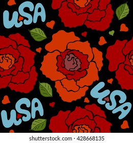 pattern, drawing red roses, blue text, usa text, drawing heart, flower leaf, black background