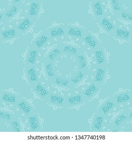 Pattern of drawing stylized turtles in a circle.  Blue background. Colorful vector illustration in flat style.