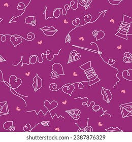 Pattern. Drawings in line art style. Heart icons, spools of thread. Valentine's Day. Holiday packaging design, wallpaper, seamless texture vector. Illustration of love, emotions.