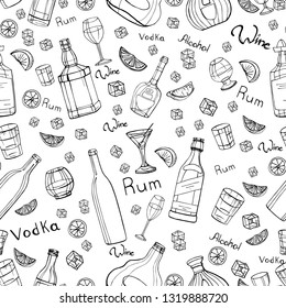 The pattern is drawn by hand, a vector image. Outline bottles, brandy and rum, glass, lime and ice cubes.