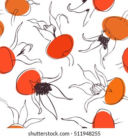Pattern with drawn dogrose, rosehip, wild rose, dog rose. Vector floral background with drawn autumn berries