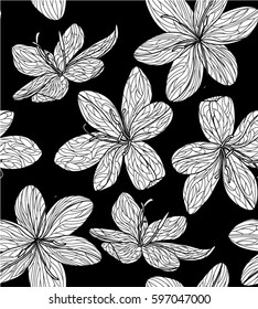 Pattern with drawn leaves. Endless Black background. The  illustration for fashion prints and fabric.