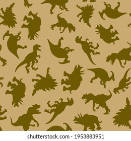 A pattern of drawn realistic silhouettes of dinosaurs in natural colors for print and web. Vector illustration.