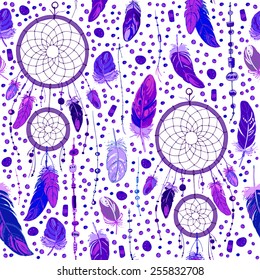 Pattern of dream catcher and feathers. Beads on a background. Ethnic seamless pattern in native style. Bright colored feathers and beads on white background. Vector decorative elements hippie