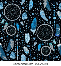 Pattern of dream catcher and feathers. Beads on a background. Ethnic seamless pattern in native style. Bright colored feathers and beads on white background. Vector decorative elements hippie