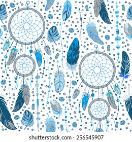Pattern of dream catcher and feathers. Beads on a background. Ethnic seamless pattern in native style. Bright colored feathers and beads on white background. Vector decorative elements hippie