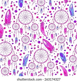Pattern of dream catcher and feathers. Beads on a background. Ethnic seamless pattern in native style. Bright colored feathers and beads on white background. Vector decorative elements hippie