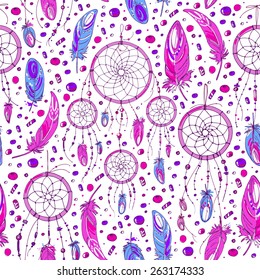 Pattern of dream catcher and feathers. Beads on a background. Ethnic seamless pattern in native style. Bright colored feathers and beads on white background. Vector decorative elements hippie