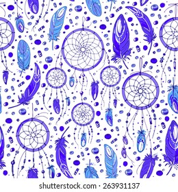 Pattern of dream catcher and feathers. Beads on a background. Ethnic seamless pattern in native style. Bright colored feathers and beads on white background. Vector decorative elements hippie