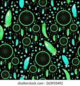 Pattern of dream catcher and feathers. Beads on a background. Ethnic seamless pattern in native style. Bright colored feathers and beads on black background. Vector decorative elements hippie