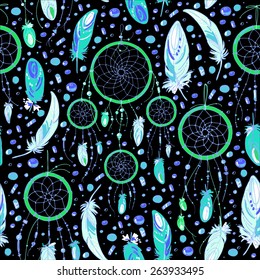 Pattern of dream catcher and feathers. Beads on a background. Ethnic seamless pattern in native style. Bright colored feathers and beads on black background. Vector decorative elements hippie