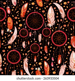 Pattern of dream catcher and feathers. Beads on a background. Ethnic seamless pattern in native style. Bright colored feathers and beads on black background. Vector decorative elements hippie