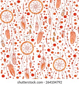 Pattern of dream catcher and feathers. Beads on a background. Ethnic seamless pattern in native style. Bright colored feathers and beads on color background. Vector decorative elements hippie