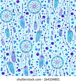 Pattern of dream catcher and feathers. Beads on a background. Ethnic seamless pattern in native style. Bright colored feathers and beads on color background. Vector decorative elements hippie
