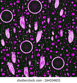 Pattern of dream catcher and feathers. Beads on a background. Ethnic seamless pattern in native style. Bright colored feathers and beads on color background. Vector decorative elements hippie