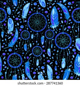 Pattern of dream catcher and feathers. Beads on a background. Ethnic seamless pattern in native style. Bright colored feathers and beads on white background. Vector decorative elements hippie
