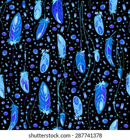 Pattern of dream catcher and feathers. Beads on a background. Ethnic seamless pattern in native style. Bright colored feathers and beads on white background. Vector decorative elements hippie