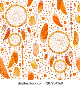 Pattern of dream catcher and feathers. Beads on a background. Ethnic seamless pattern in native style. Bright colored feathers and beads on white background. Vector decorative elements hippie