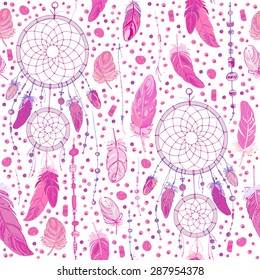 Pattern of dream catcher and feathers. Beads on a background. Ethnic seamless pattern in native style. Bright colored feathers and beads on white background. Vector decorative elements hippie