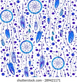 Pattern of dream catcher and feathers. Beads on a background. Ethnic seamless pattern in native style. Bright colored feathers and beads on white background. Vector decorative elements hippie