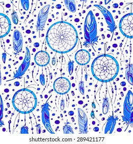 Pattern of dream catcher and feathers. Beads on a background. Ethnic seamless pattern in native style. Bright colored feathers and beads on white background. Vector decorative elements hippie