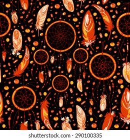 Pattern of dream catcher and feathers. Beads on a background. Ethnic seamless pattern in native style. Bright colored feathers and beads on black background. Vector decorative elements hippie