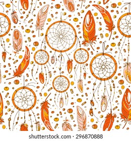 Pattern of dream catcher and feathers. Beads on a background. Ethnic seamless pattern in native style. Bright colored feathers and beads on black background. Vector decorative elements hippie