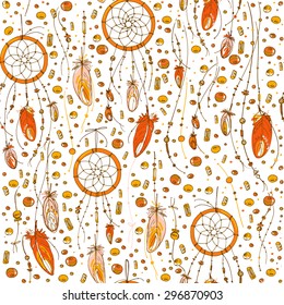 Pattern of dream catcher and feathers. Beads on a background. Ethnic seamless pattern in native style. Bright colored feathers and beads on black background. Vector decorative elements hippie